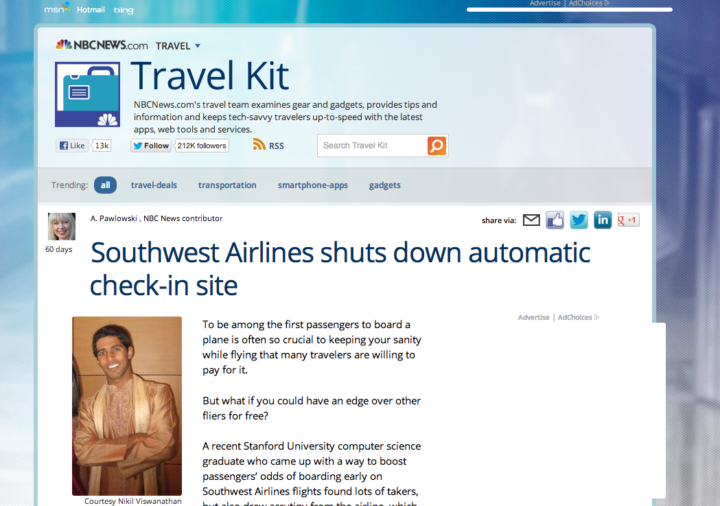 Check In To My Flight on Front Page of NBCNews.com